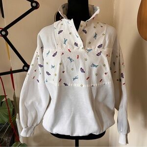 Vtg 80s Bee Wear Sport Plane Car Icon White Collared Sweatshirt Unisex One Size